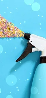 A bright blue wallpaper with a spray bottle releasing colorful sprinkles.