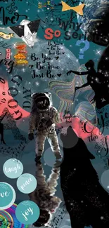 Cosmic collage wallpaper with astronaut, quotes, and abstract art on teal background.