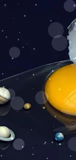 Creative wallpaper of cracked egg forming galaxy with planets.