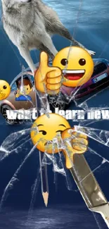 Dynamic emoji and wolf with car on shattered glass wallpaper.