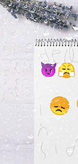 Creative sketchpad with expressive emojis and handwritten text on a paper background.