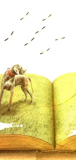 Wallpaper with a dog on a grassy book and birds flying.