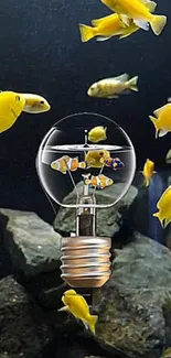 Yellow fish inside a lightbulb art wallpaper.