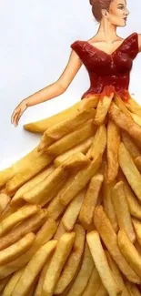 Creative food art with fries and ketchup dress design on mobile wallpaper.