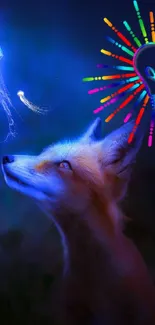 Fox gazes at glowing jellyfish with neon light effect in dark, creative art.