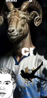 Goat-headed figure in sports-themed artistic wallpaper with creative design.