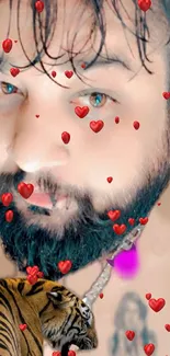 Mobile wallpaper with red hearts and a tiger overlay on a bearded face.