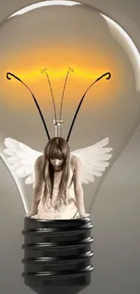 Surreal light bulb with angel inside, creating a unique and artistic mobile wallpaper.