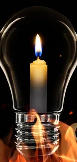 Creative light bulb with candle flame art design wallpaper.