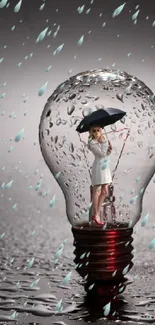 Woman in a lightbulb with umbrella and raindrops design.