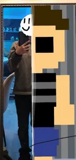 Creative pixel art and real reflection in mirror.