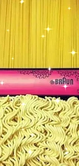 Creative wallpaper with noodles and straightener.