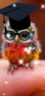 Owl with glasses and cap on a finger, whimsical scene.