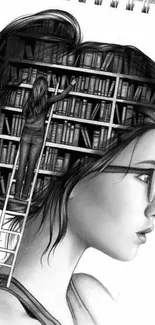 Artistic sketch of a woman with a library in her hair, symbolizing knowledge.