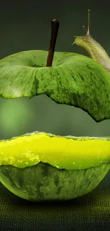 Snail on a creatively designed green apple against a green background.