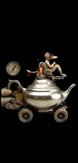 Whimsical teapot car with mouse driver on a black background.