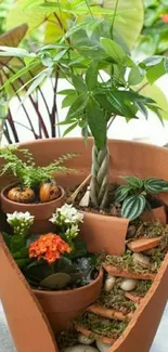 Creative terracotta planter with plants and flowers.