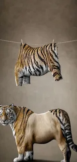 Creative tiger illusion with fur hung above.