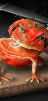 Tomato-shaped frog on wooden surface with magical details.