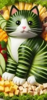Cat creatively shaped from various vegetables.