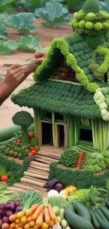 A colorful house made from various vegetables in a garden setting.