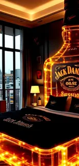 Bedroom with whiskey bottle bed and city view.
