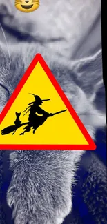 Witch silhouette with cat on a vibrant caution sign.