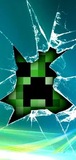 Pixelated creeper breaking through glass.