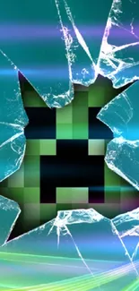 Pixelated Creeper breaking through shattered glass background.