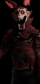 Eerie animatronic character in dark red on a black background.