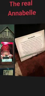 Eerie wallpaper featuring the real Annabelle doll with spooky text.