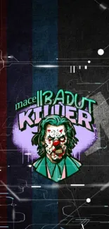 Creepy clown graphic with vibrant colors and dark background