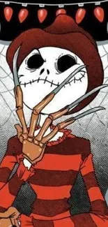 Creepy skeletal cartoon character with claws in striped shirt.