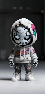 Creepy cartoon character with cracked mask in hoodie.
