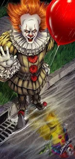 Creepy circus clown with red balloon and rain effect on mobile wallpaper.