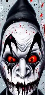 Creepy clown face with red eyes and black splatters art wallpaper.