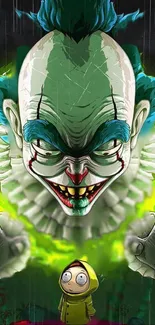 Creepy clown with neon green aura in artistic mobile wallpaper.