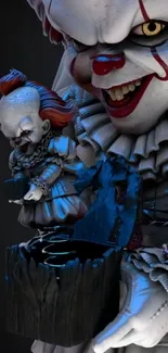 Creepy clown holding a small clown figure with sinister expression.