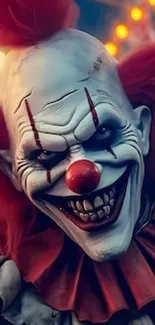 Creepy clown at a brightly lit carnival, vibrant red accents.