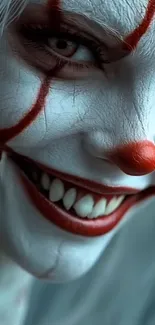 Creepy clown close-up with eerie smile and red makeup.
