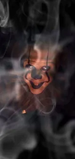 Creepy clown with haunting grin in dark mobile wallpaper.