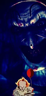 Eerie dark clown wallpaper with red balloon.