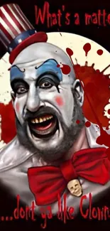 Creepy clown wallpaper with red splashes and dark theme.