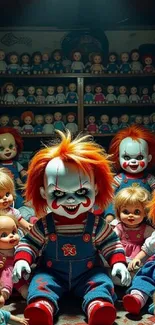 Creepy collection of clown dolls with red hair in a dimly lit room.