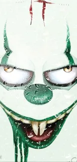 Creepy clown face with green accents on a white background.