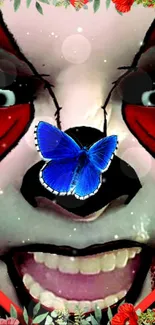 Creepy clown face with a blue butterfly on a mobile wallpaper.