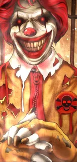 Creepy clown with sinister grin and red hair in a horror-themed wallpaper.