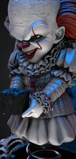 Sinister clown holding an object in creepy mobile wallpaper.