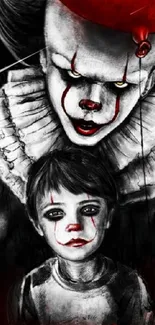 Creepy clown art wallpaper with eerie, dark details for horror fans.