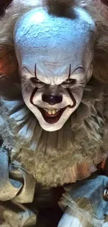 Chilling clown with eerie smile on mobile wallpaper.